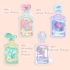 four bottles with different designs on them and the words love potion written in each one