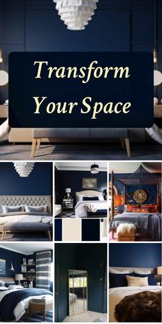 a collage of photos with the words transform your space in black, white and blue