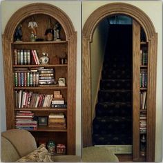 an old book shelf with books and other items on it in front of a doorway