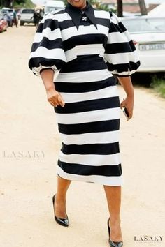 Lasaky - Chic Striped Print Turndown Collar Short Sleeve Formal Dress Sleeve Formal Dress, Dress For Parties, Inexpensive Dresses, Shirt Collar Pattern, Modest Dresses Fashion, Church Attire, Corporate Dress, Black White Outfit, Cucumber Recipes