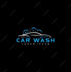 the car wash logo is shown on a black background with blue clouds in the sky