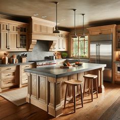 a large kitchen with wooden cabinets and an island in the middle is lit by two pendant lights