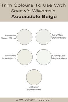 four different shades of white paint with the words tim colours to use with sherylin williams's accessible beige