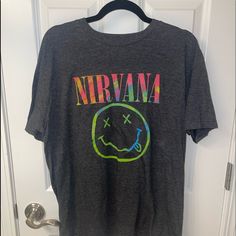 Soft Oversized Nirvana T-Shirt Never Worn T Shirt Nirvana, Nirvana Smiley Face, Band Tee Shirts, Yellow Smiley Face, Grey Trench Coat, Grey T Shirt, Tie Dye Shorts, Suit Shop, Gray Tshirt