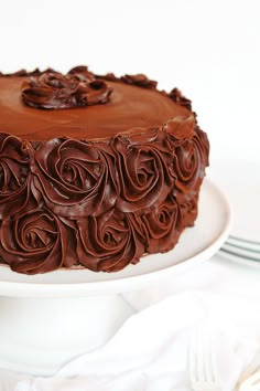 a chocolate frosted cake on a white plate