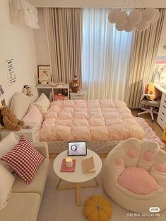 a child's bedroom is decorated in pink and white