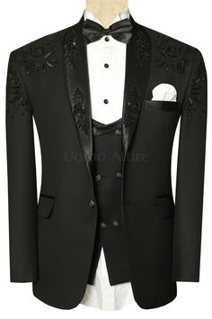 This luxurious black designer tuxedo suit is perfect for any special occasion, from weddings and galas to red carpet events. Made with premium Italian wool and hand-embellished with intricate details, this suit will make you look and feel your best. Wedding Suits Men Black Tuxedos, Black Designer Tuxedo, Shirt And Waistcoat, Tuxedo Tie, Tuxedo Suit For Men, Wedding Suits Men Black, Designer Tuxedo, Indian Groom Dress, Wedding Tuxedo