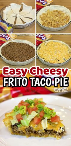 easy cheesy frito taco pie recipe on a white plate with text overlay