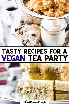 two plates with desserts on them and the words tasty recipes for a vegan tea party