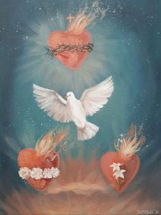 a painting of two hearts and a dove