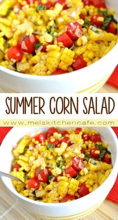 two white bowls filled with corn salad on top of a wooden table next to a red place mat