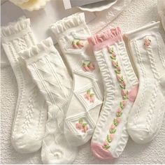 Nwt Women's Stocks & Hosiery 5 Pairs Floral Embroidered Socks Textured Ruffle Trim Composition: 95 % Polyester ,5% Spandex. Super Cute Embroidery Long Socks. Style : Boho , Bohemian, Comfortable ,Breathable , Lightweights Socks, All Offers Are Welcome !!! Happy To Answer Any Questions! Super Fast Shipping, Ship Out Next Business Day Flower Socks, Floral Socks, 일본 패션, Ruffled Socks, Lace Socks, White Socks, Cute Socks, Patterned Socks, Calf Socks