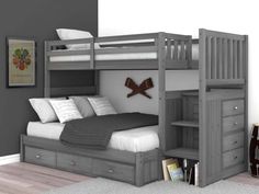 a bunk bed with drawers underneath it in a room that has gray walls and hardwood floors