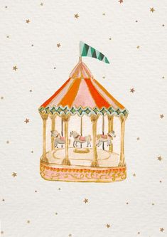 a watercolor painting of a carousel with horses and stars in the sky behind it