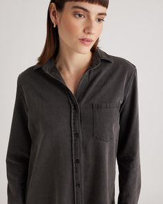 It's the versatility and comfiness of your favorite broken-in jeans, but in our Distressed Denim Shirt Dress. Style it sporty with sneakers and a baseball cap or dress it up with shimmery extras from head to toe—either way, you'll wear this one way more often than you think.  | Quince | Women's Distressed Denim Shirt Dress in Washed Black, Size Small, Cotton Casual Washed Black Denim Top, Denim Shirt Dress Women, Dark Wash Button-up Denim Shirt Dress, Washed Blue Relaxed Fit Button-up Denim Dress, Button-up Chambray Dress In Medium Wash, Washed Blue Cotton Button-up Denim Dress, Medium Wash Cotton Button-up Denim Dress, Denim Shirt Dress, Chic Look