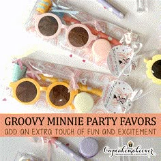 group of party favors with text overlay that reads groovy minnie party favors add on extra touch of fun and excitement