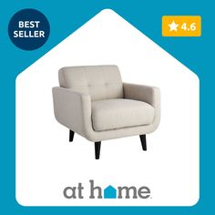 a white chair sitting on top of a blue and yellow sign that says best seller at home