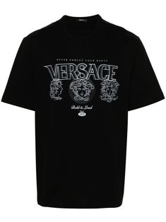 black cotton lightweight jersey crew neck short sleeves logo print to the front straight hem unlined Versace T Shirt, Versace Logo, Cartier Santos, Versace Outfit, Latest T Shirt, Men's Wear, Chris Brown, Versace Men, T Shirt Vest