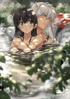 two anime characters are in the water