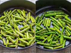 asparagus being cooked in a skillet before and after cooking