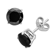 Round black cubic zirconia stones offer bold sophistication. Sterling silver construction ensures lasting shine. Post backings promise a secure fit. Details:  1/4-in. length Pierced Sterling silver  Size: One Size. Gender: female. Age Group: adult. Black Earrings With Diamond Accents, Black Cubic Zirconia Earrings With Prong Setting, Black Cubic Zirconia Fine Jewelry Earrings, Black Diamond Cubic Zirconia Earrings As Gift, Formal Black Diamond Cut Earrings, Black Round Diamond Earrings For Anniversary, Black Diamond Cut Earrings For Formal Occasions, Black Round Diamond Earrings, Black Round Brilliant Cut Earrings