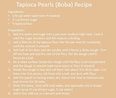 the recipe for tappica pearls boba recipe is shown on a brown background