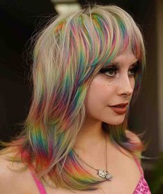 33 Photos of Rainbow Hair Ideas to Consider for 2022 Rainbow Shine Line Hair, Panel Of Color In Hair, Grey And Rainbow Hair, Rainbow Curtain Bangs, Rainbow Highlights Short Hair, Rainbow Hair With Bangs, Rainbow Wolfcut, Brown Hair Rainbow Highlights, Rainbow Tips Hair