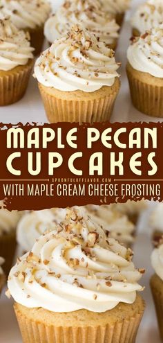 Maple Pecan Cupcakes with Maple Cream Cheese Frosting, fall baking ideas, easy dessert recipes Christmas Cupcake Flavors, Fall Baking Ideas, Easy Cupcake Recipe, Maple Cupcakes, Pecan Cupcakes, Maple Desserts, Maple Cream Cheese Frosting