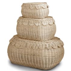 three wicker baskets stacked on top of each other in the shape of an owl