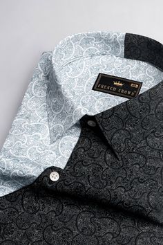 Make a bold style statement with our Half Lagoon Blue and Half Black Paisley Printed Super Soft Premium Cotton Designer Shirt, featuring fancy plackets! This unique shirt showcases a captivating blend of lagoon blue and black, adorned with intricate paisley patterns. Crafted from the finest premium cotton, it offers unparalleled comfort and style. The addition of fancy plackets adds a touch of elegance and sophistication to this standout masterpiece. Elevate your wardrobe with this eye-catching Black Prints, Types Of Textiles, Paisley Shirt, Cotton Shirts For Men, Bold Style, Unique Shirt, Shoulder Shirts, Blue Lagoon, Style Statement