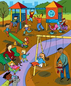 an illustration of people playing in a park with swings and children's play equipment