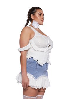 cuz you have a secret admirer. This underbust corset top is fully lined and has structured boning, an underwire bust, eyelet lace details, a side zipper closure, decorative front buttons, and is adorned with a cameo topped with a ribbon on the front. White Underwire Corset With Lace Trim, White Lace Trim Underwire Corset, Summer White Underwire Corset, White Lace Overbust Corset, White Corset With Fitted Bodice, White Underwire Corset With Fitted Bodice, White Fitted Bodice Corset With Underwire, Summer Coquette Overbust Corset, White Corset With Underwire And Corset Back