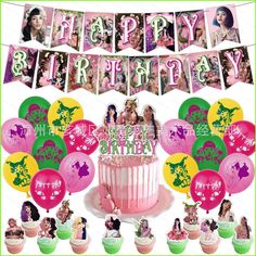 a birthday party with pink and green decorations, cupcakes, and cake toppers