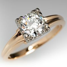 This captivating circa 1940s solitaire ring contains one (1) old European cut diamond weighing 1.10 carats and set into a four-split prong setting. The ring measures 7.3mm at the top, rises 6.4mm above the finger, tapering to 1.9mm wide and 1.5mm thick at the base of the shank. This ring is currently a size 6 3/4. 1940s Diamond Ring, Vintage Engagement Rings Round Diamond, Old European Cut Diamond Ring, Vintage Inspired Gold Engagement Rings, Jewelry Markings, 1940s Engagement Ring, Ring Redesign, Vintage Solitaire Engagement Ring, European Cut Diamond Ring