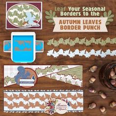 the autumn leaves border punch is displayed on a wooden table with other paper and crafting supplies