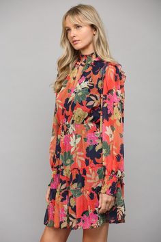 Floral print chiffon long sleeve tiered mini dress. 100% Polyester