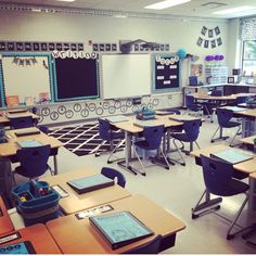 an empty classroom with desks and chairs