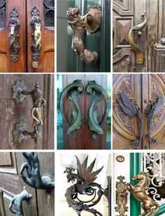 the doors are decorated with different designs and colors, including bronzes or silvers