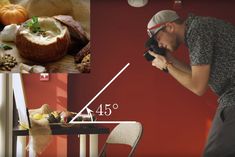 a man is taking pictures of food on the table and in front of him he is holding a camera