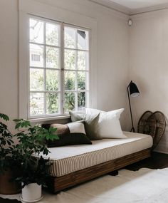 a living room with a couch, window and potted plants on the side table