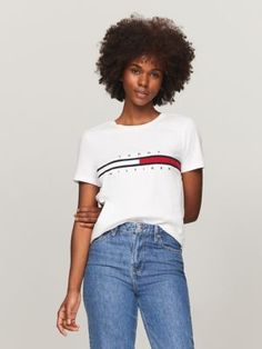 Embroidered Flag Stripe Logo T-Shirt Tommy Hilfiger Women, Logo T Shirt, Tshirt Logo, Pure Cotton, Sweater Top, Women's T Shirt, Tommy Hilfiger, Flag, Top Outfits