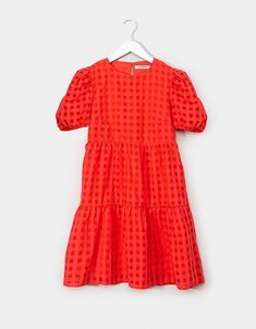 Red Puff Sleeve Midi Dress For Spring, Red Midi Length Dress For Casual Occasions, Chic Fitted Tiered Dress With Short Sleeves, Red Maxi Dress For Workwear, Fitted Midi Length Tiered Dress For Spring, Spring Workwear Mini Dress, Red Long Dress For Casual Occasions, Red Long Dress For Dress Down Occasions, Fitted Knee-length Tiered Spring Dress