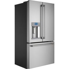 a stainless steel refrigerator freezer with water dispenser on the front and bottom