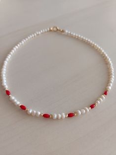 Freshwater Pearl and red coral necklace, Red coral necklace, dorika bead necklace, Summer jewelry, Beach accessories, Bridesmaid gift Coral Pearl Necklace, Valentine Beaded Jewelry, Red Bead Necklace Ideas, Beach Pearl Necklace, Red Pearl Necklace With Pearl Charm As Gift, Red Pearl Necklace With Charm As Gift, Red Pearl Necklace Gift, Elegant Red Beaded Pearl Necklace, Elegant Red Pearl Necklace