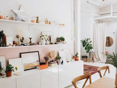 a living room filled with furniture and lots of potted plants on top of shelves