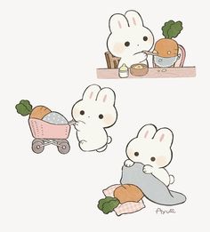 three little rabbits eating carrots and broccoli at a table with a baby stroller