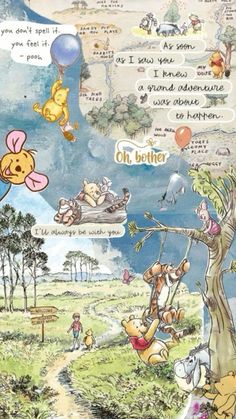 winnie the pooh and friends are flying in the sky above a tree with balloons