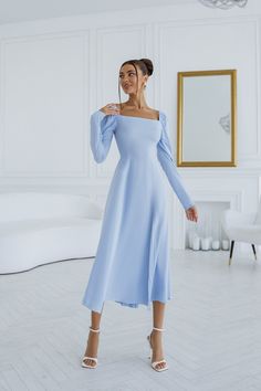 Fabric: Staple-Fibre Cotton 65%, Polyester 35% Square neckline Long sleeve Puff sleeve Thigh slit Shirred back Midi length Winter Wonderland Dress, Square Neckline Long Sleeve, Sky Blue Dress, Backless Midi Dress, Belted Midi Dress, Puff Sleeve Dresses, Blue Square, Blue Outfit, Casual Summer Dresses