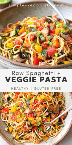 raw spaghetti and veggie pasta in a bowl with the title overlay that reads raw spaghetti and veggie pasta