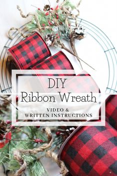 some red and black plaid ribbon on top of a wreath with pine branches in the background